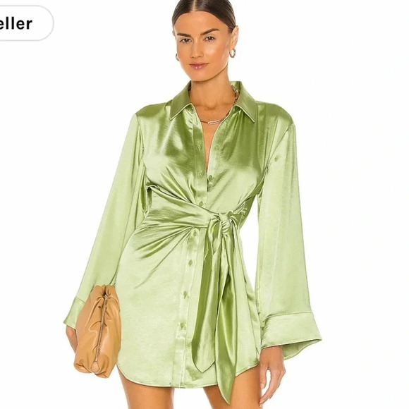 New Song of Style Marta Pistachio Green Mini Dress Wrap XS Revolve Satin - Picture 1 of 14